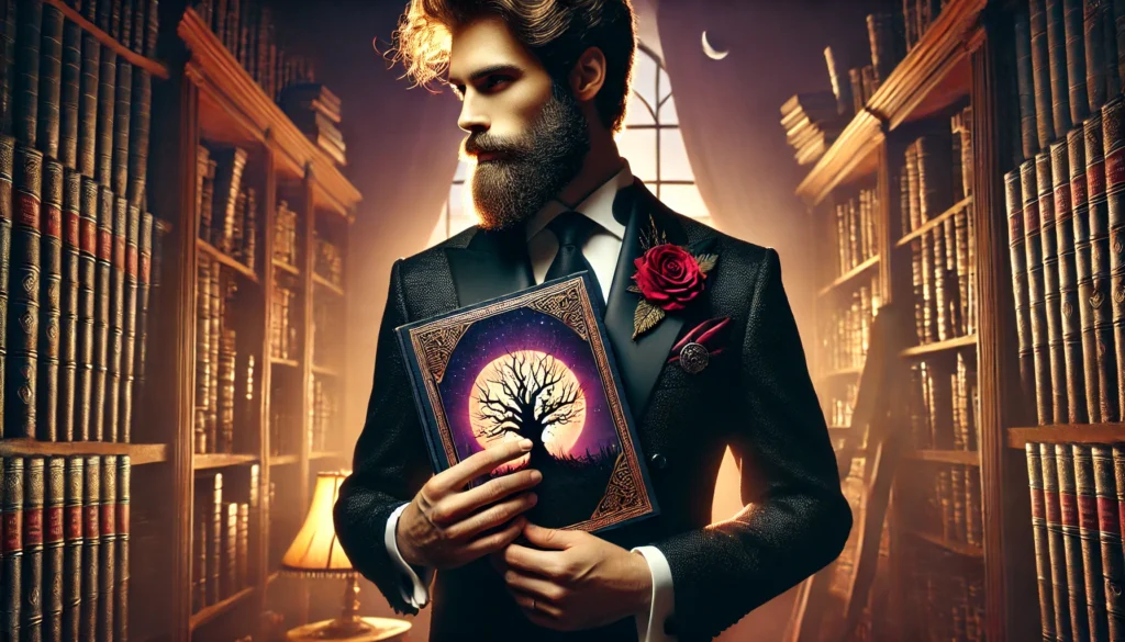 A bearded man with long hair in formal attire (with a red flower) holding a fantasy-themed book.
A blurred library background to match the ambiance.
A book cover design that evokes the fantasy genre but avoids replicating copyrighted material.